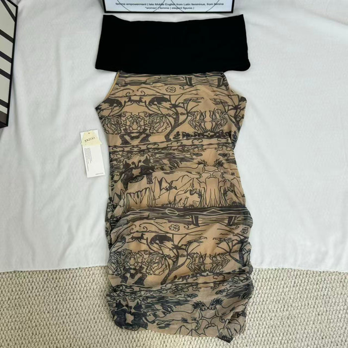Retro-Print Off-The-Shoulder Ppatchwork Dress