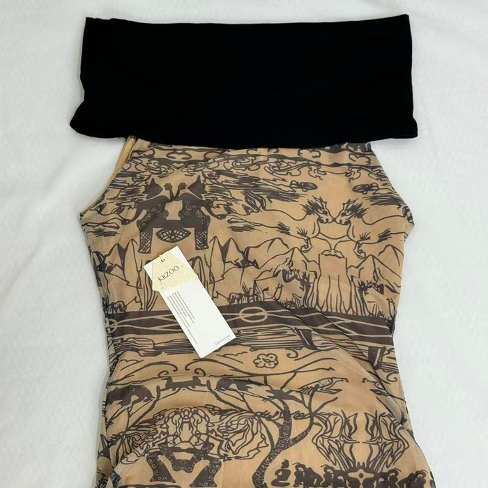 Retro-Print Off-The-Shoulder Ppatchwork Dress