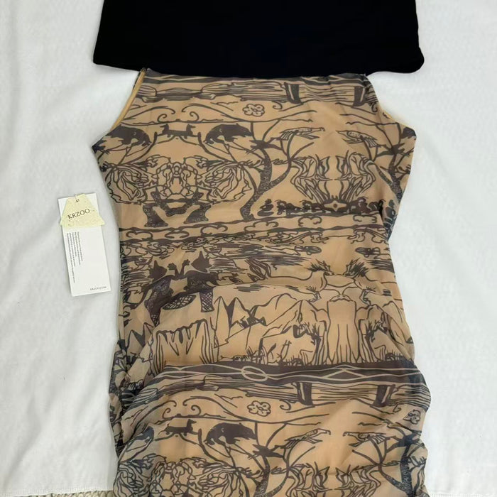 Retro-Print Off-The-Shoulder Ppatchwork Dress