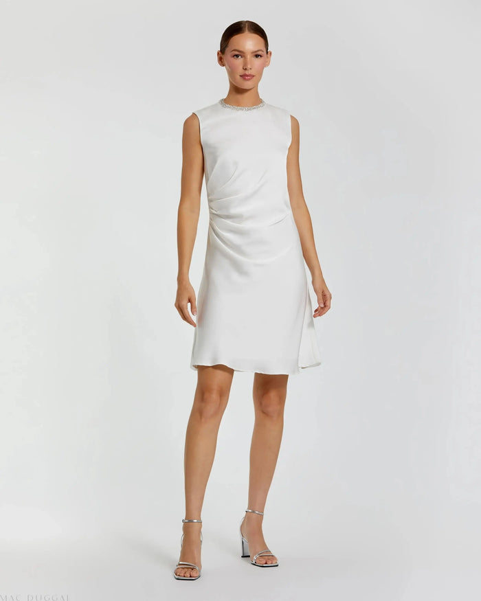 Rhinestone Neckline Draped Mini Dress - Mac Duggal