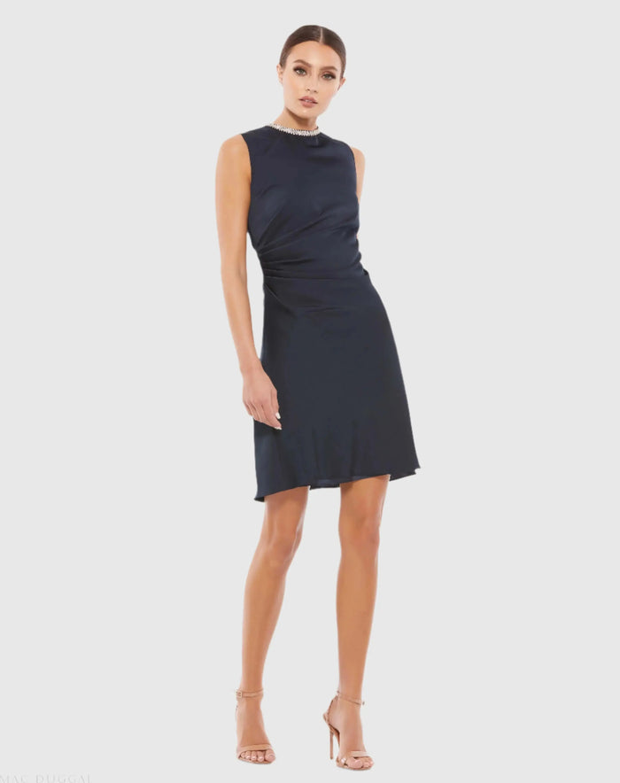 Navy Rhinestone Neckline Draped Mini Dress Ieena for Mac Duggal