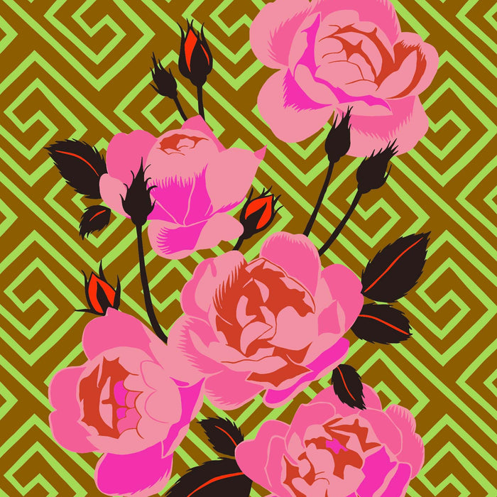 Pink flowers on a green geometric patterned background