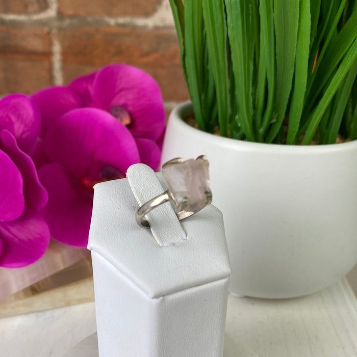 Rough Rose Quartz Ring with sterling silver Band (Sized and Adjustable)
