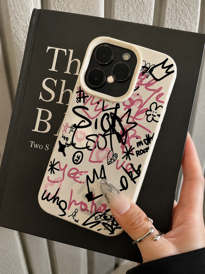 Samsung Galaxy A05 White Graffiti Phone Case with Black and Pink Doodle Print
