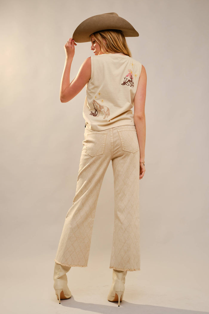 Sand Western Motif Embroidered Sleeveless Top