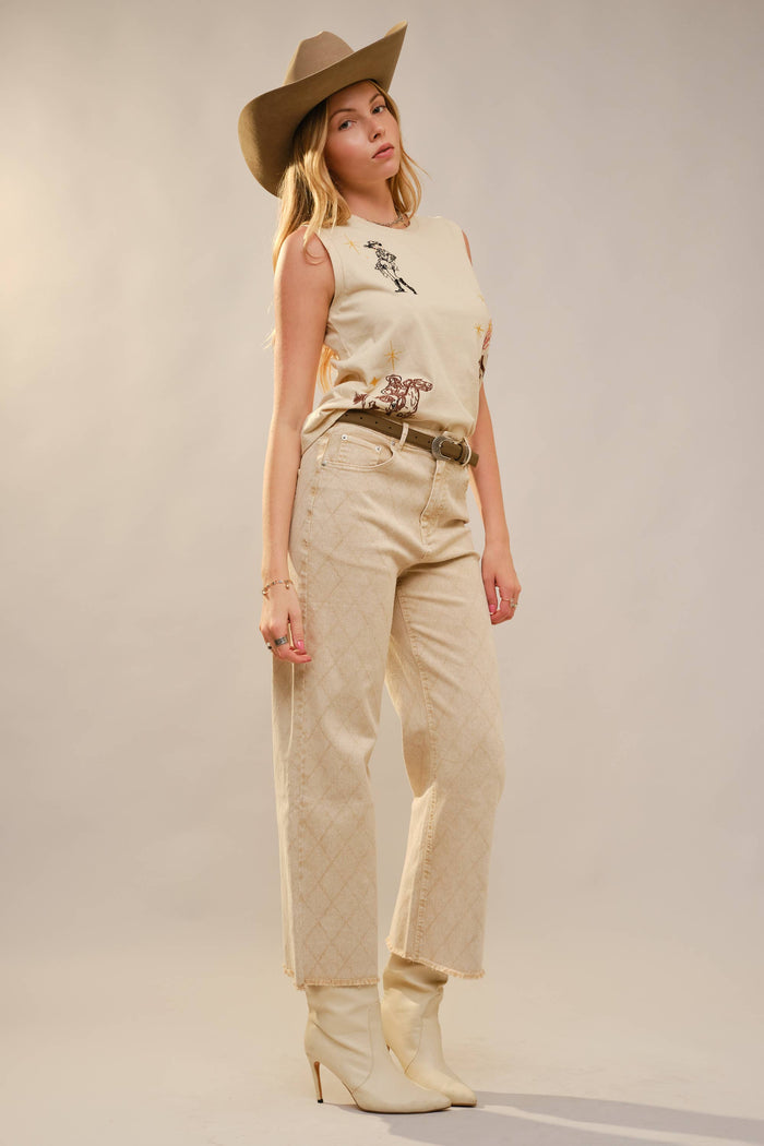 Sand Western Motif Embroidered Sleeveless Top