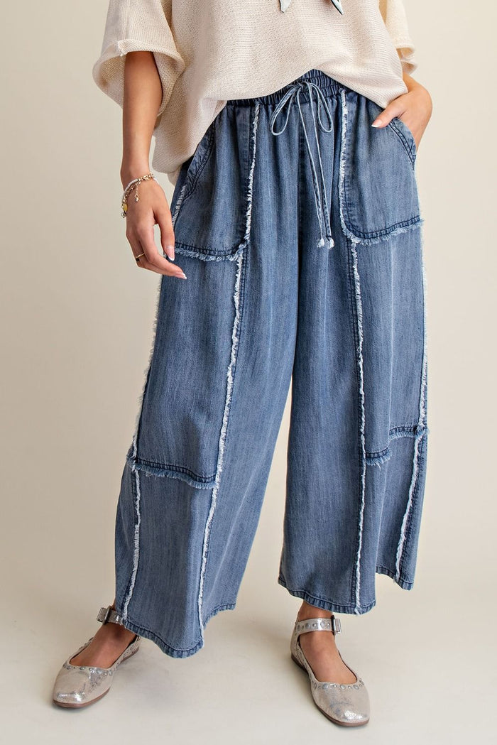 SELF FRAY WASHED CHAMBRAY PALAZZO PANTS