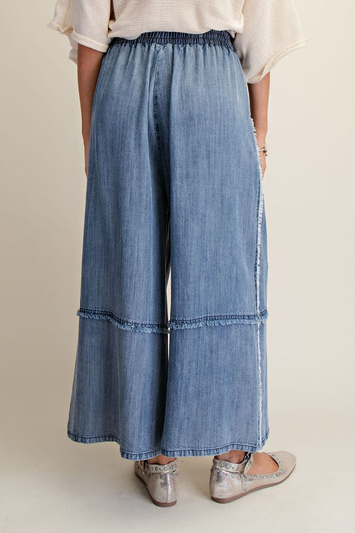 SELF FRAY WASHED CHAMBRAY PALAZZO PANTS