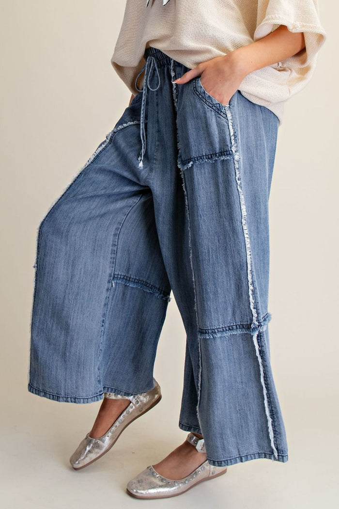SELF FRAY WASHED CHAMBRAY PALAZZO PANTS
