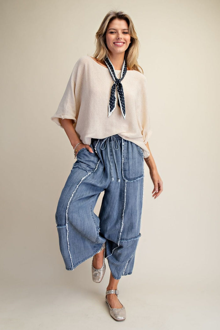 SELF FRAY WASHED CHAMBRAY PALAZZO PANTS