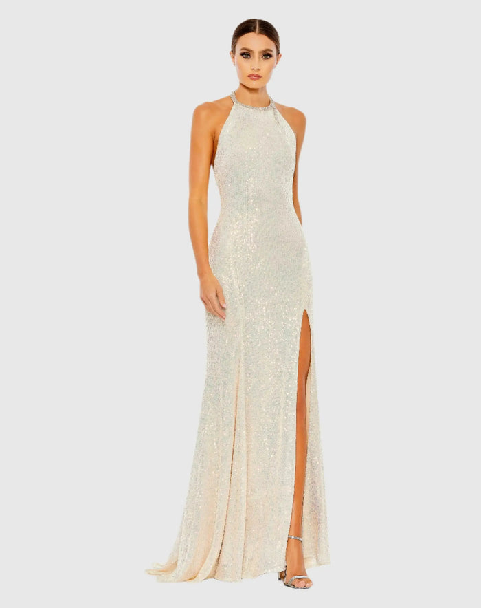 White Sequined High Neck Rhinestone Trim Column Gown