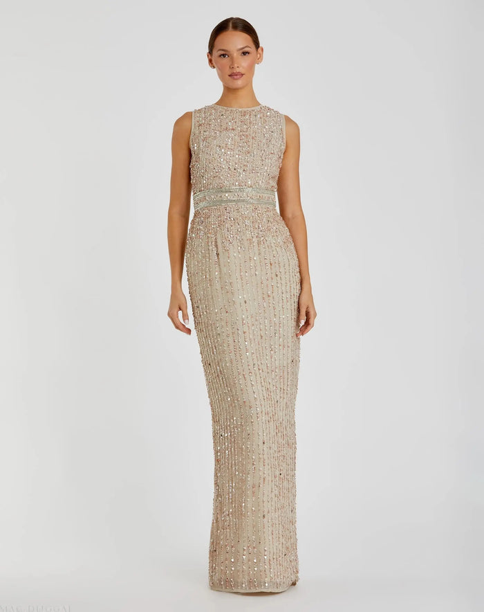 Beige Sequined High Neck Sleeveless Column Gown - Mac Duggal