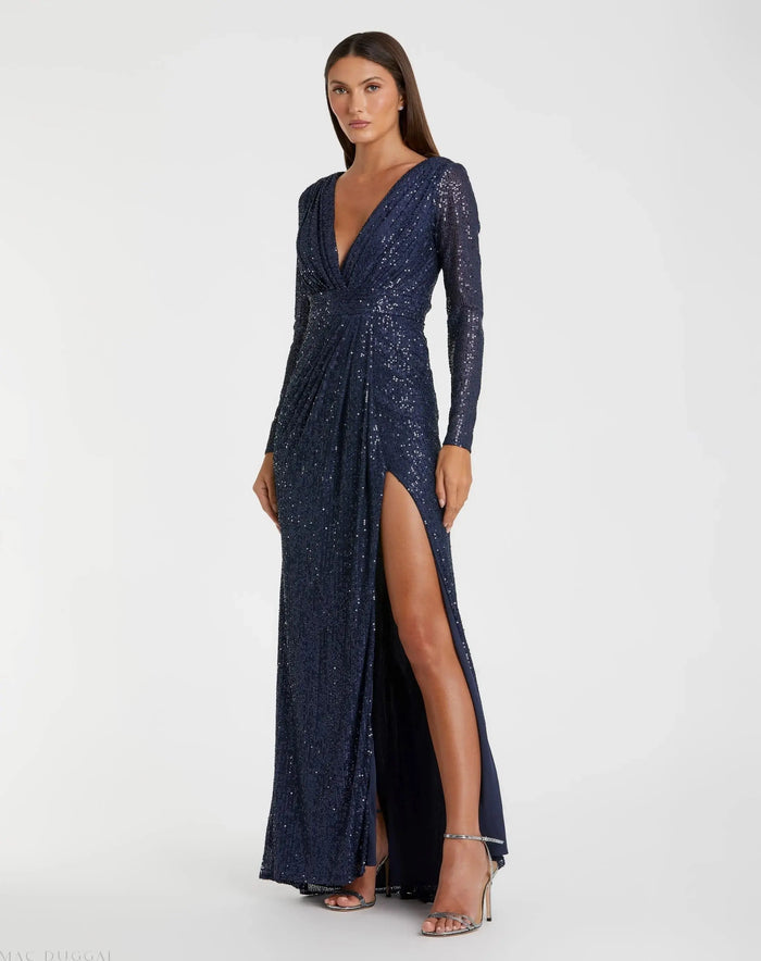 Navy Sequined Long Sleeve Gown - Ieena for Mac Duggal