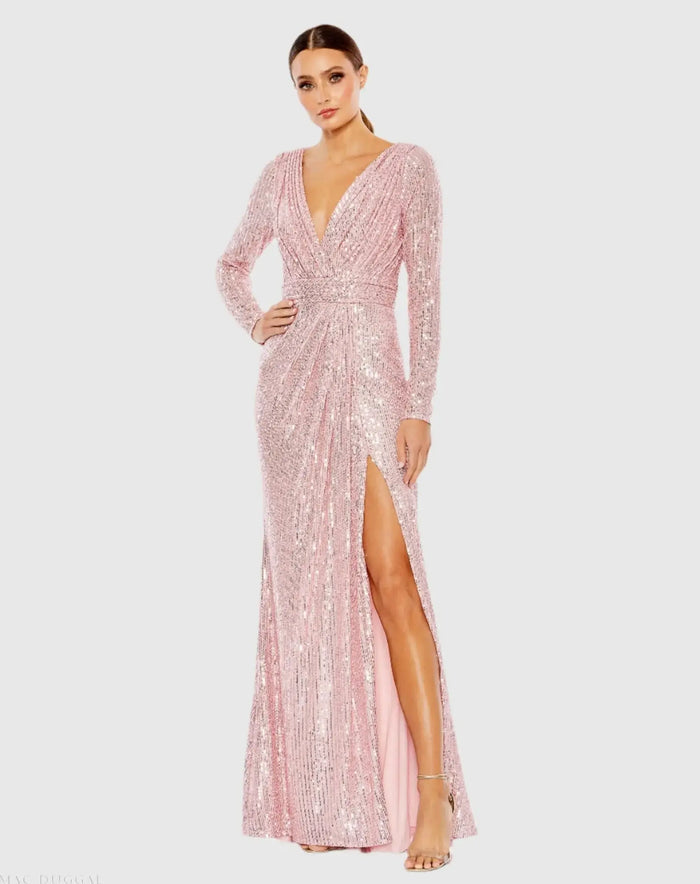 Pink Sequined Long Sleeve Gown - Ieena for Mac Duggal