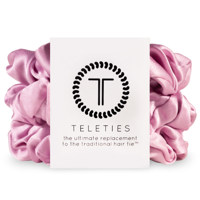 TELETIES, silk scrunchies, satin scrunchies, hair care, thick hair, hair breakage prevention, overnight hair care, frizz-free hair, healthy hair, luxury scrunchies, pink scrunchies, spiral coil hair ties, sleep hair accessory, 100% natural silk, hair protection.
