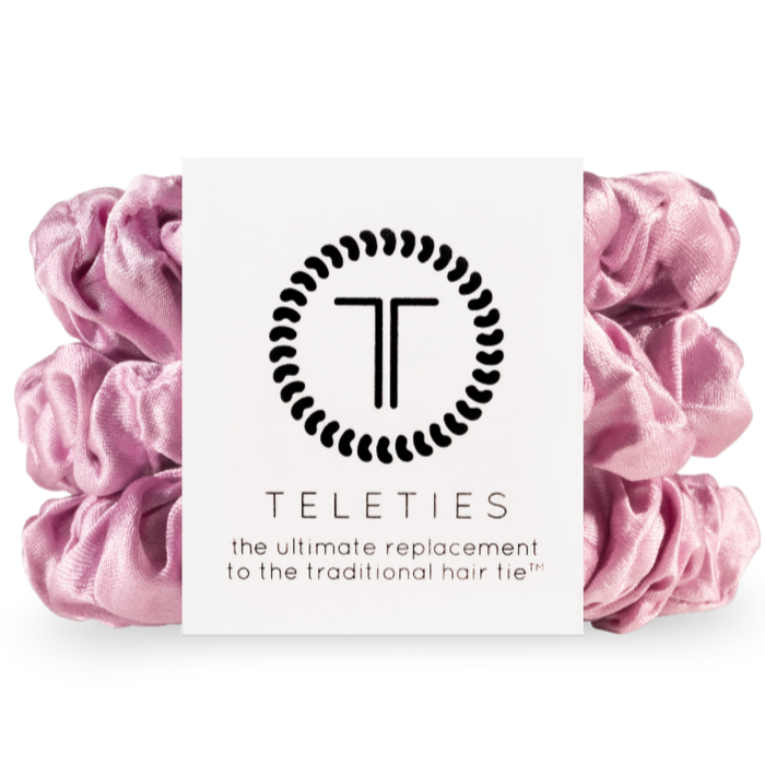 TELETIES Silk Mini Scrunchies, pink silk scrunchies, small silk hair ties, silk hair ties for thin hair, hair damage prevention, silk mini scrunchie set, healthy hair scrunchies,