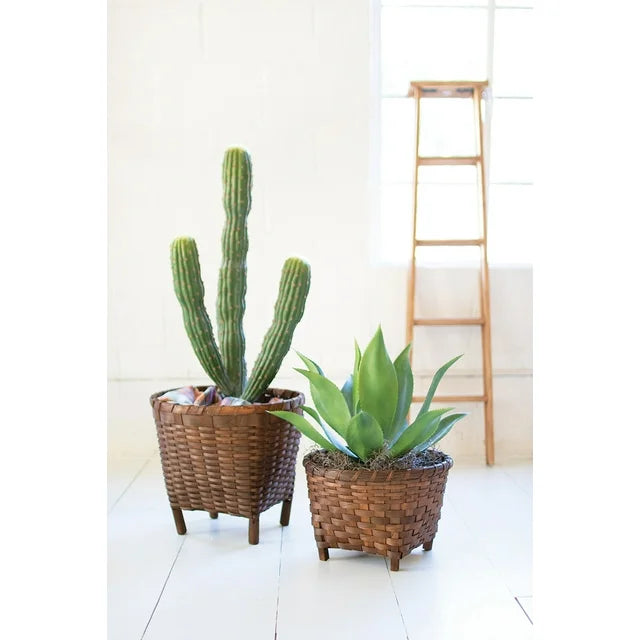Set Of Two Round Brown Split Wood Baskets With Feet