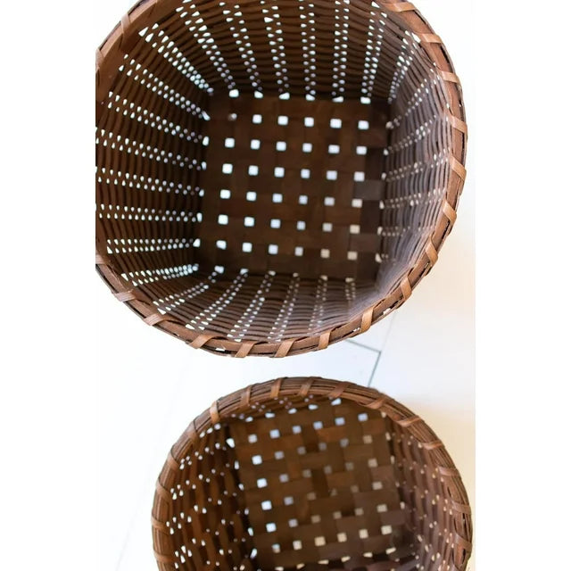 Set Of Two Round Brown Split Wood Baskets With Feet