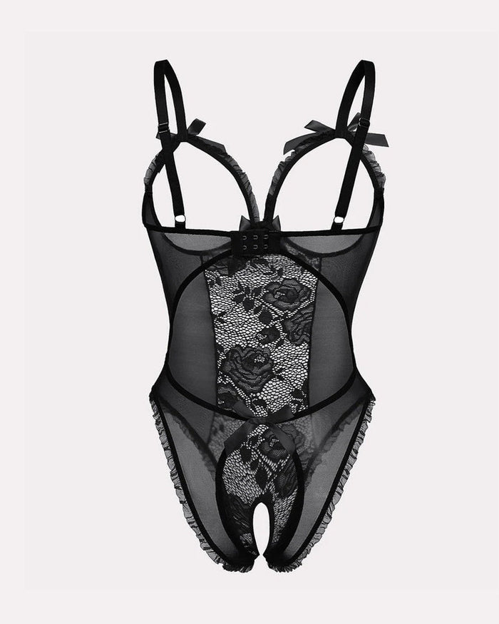 Sexy Flower Lace Mesh Stitching Chest Hollow Open Crotch One-Piece Pajamas