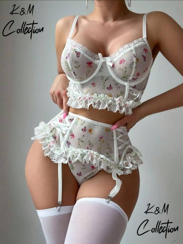 Sexy Lace Mesh Backless Ruffled Decoration Hollow Ring Buckle One-Piece Pajamas