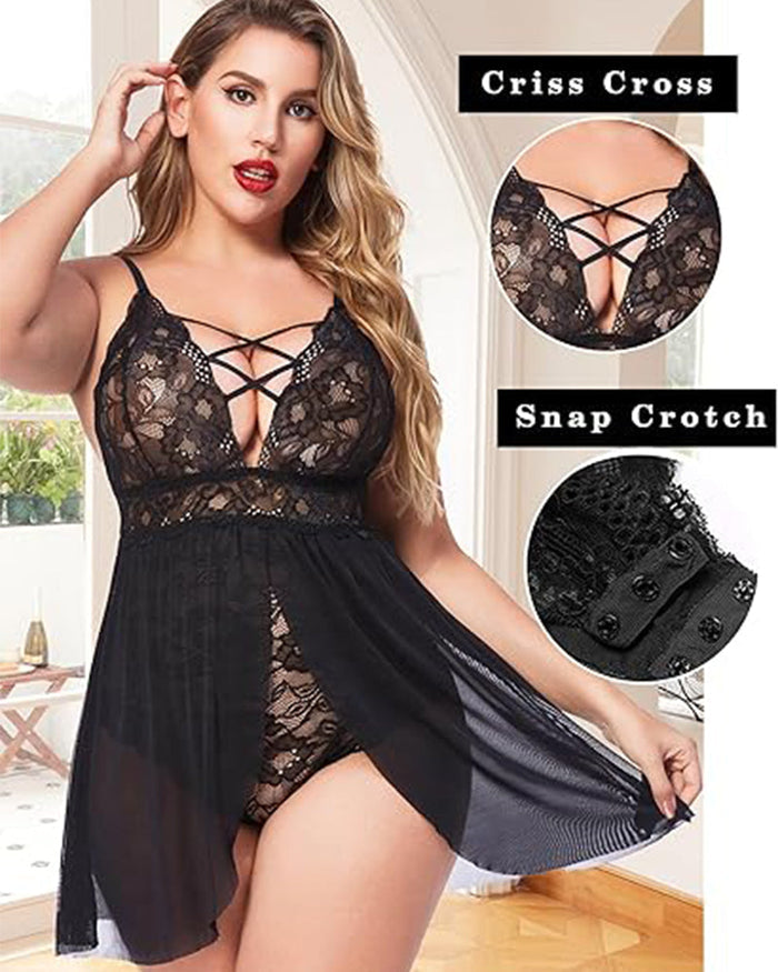 Sexy Plus Size Babydoll â€?V Neck Lace Snap Crotch Nightwear
