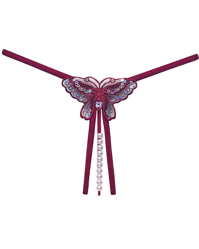 Sexy Sequin Butterfly Embroidered Open Crotch Massage Pearl Thong