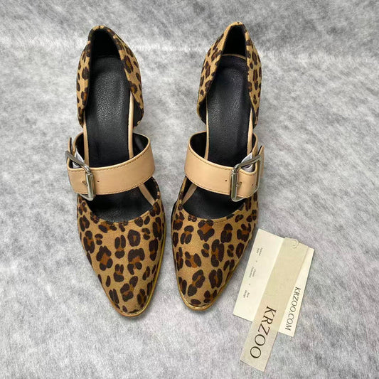 Sharp leather strap buckle with leopard print shoes