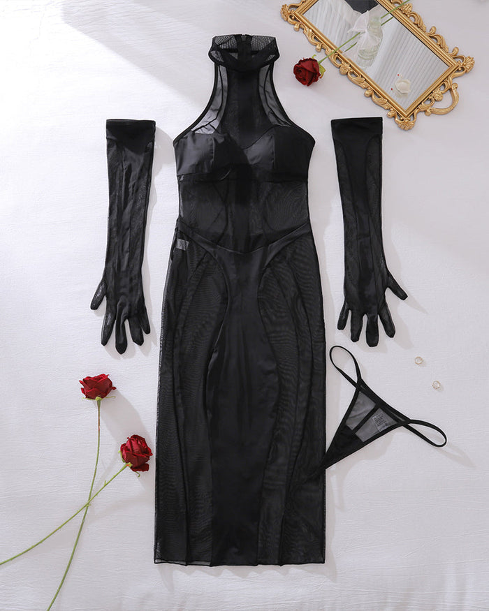 Sheer Mesh Dress with Gloves
