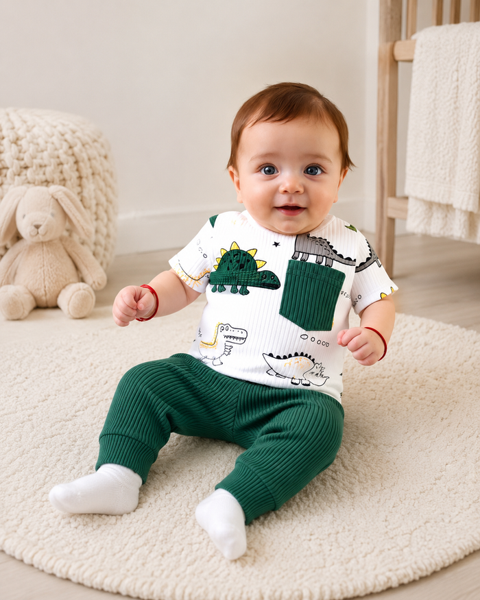 SHEIN Baby Boys Dinosaur Print T-Shirt and Ribbed Pants Set