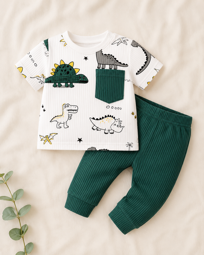 SHEIN Baby Boys Dinosaur Print T-Shirt and Ribbed Pants Set