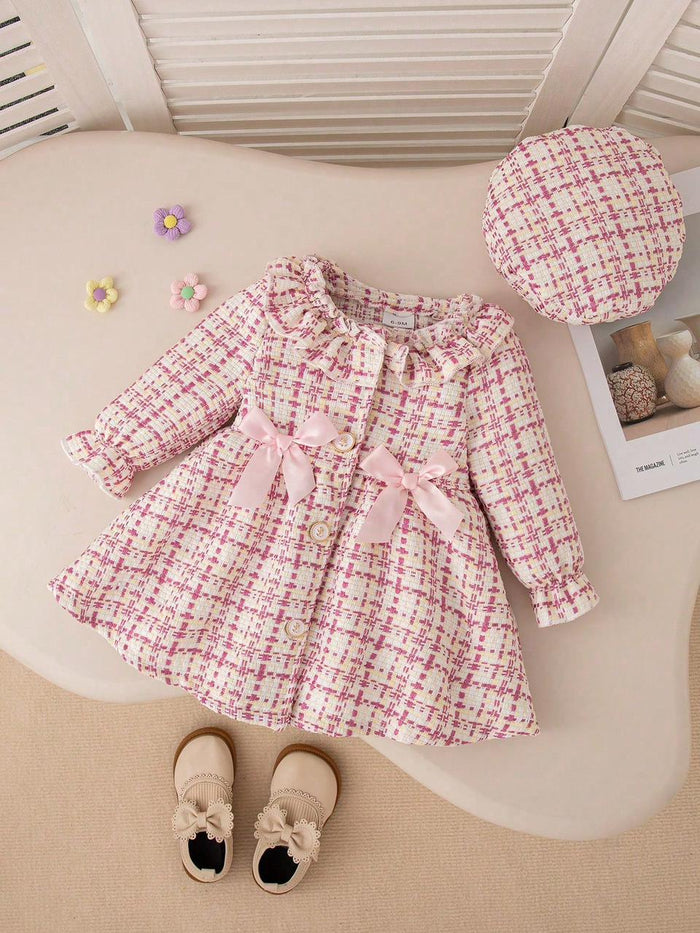 SHEIN Baby Girls Pink Tweed Bow Coat Dress & Beret Set