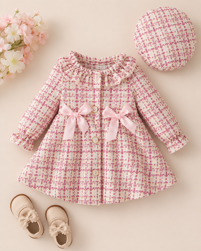 SHEIN Baby Girls Pink Tweed Bow Coat Dress & Beret Set