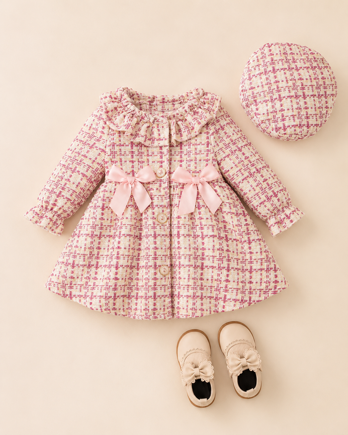 SHEIN Baby Girls Pink Tweed Bow Coat Dress & Beret Set