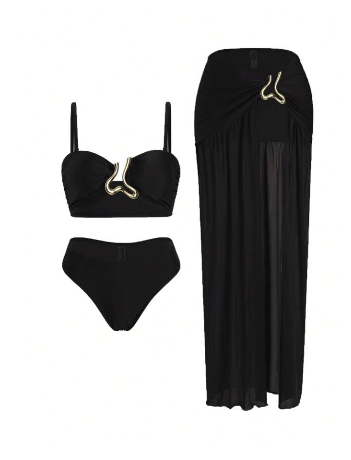 SHEIN Black 3-Piece Gold Detail Bikini & Mesh Skirt Set - SHEIN Fast Delivery in 5 Days