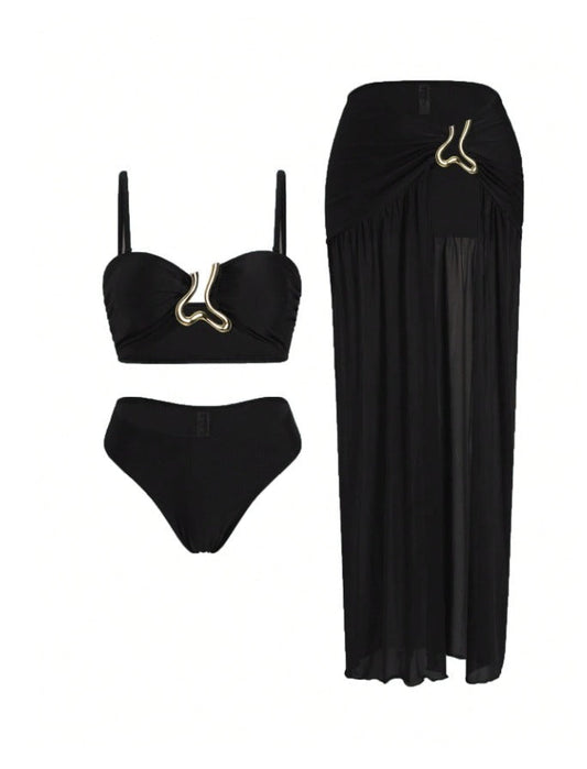 SHEIN Black 3-Piece Gold Detail Bikini & Mesh Skirt Set - SHEIN Fast Delivery in 5 Days
