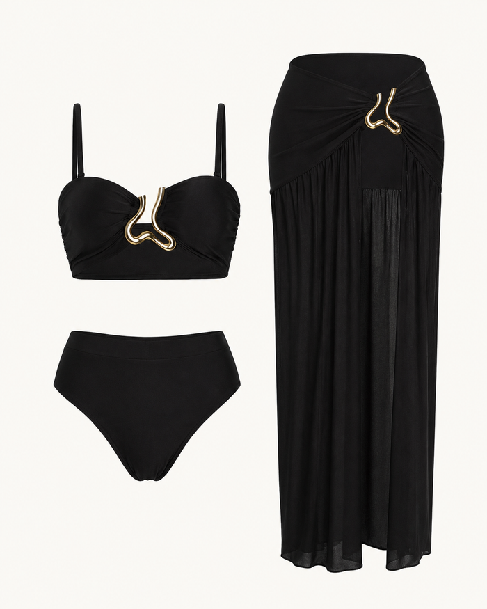 SHEIN Black 3-Piece Gold Detail Bikini & Mesh Skirt Set - SHEIN Fast Delivery in 5 Days