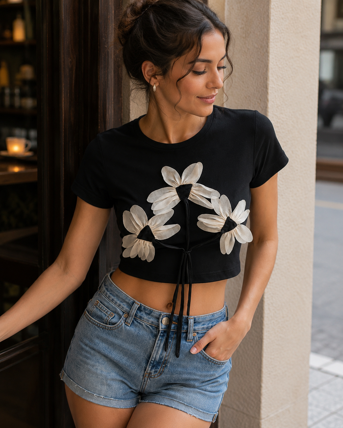 SHEIN Black 3D Floral Crop Top - SHEIN Fast Delivery in 5 Days