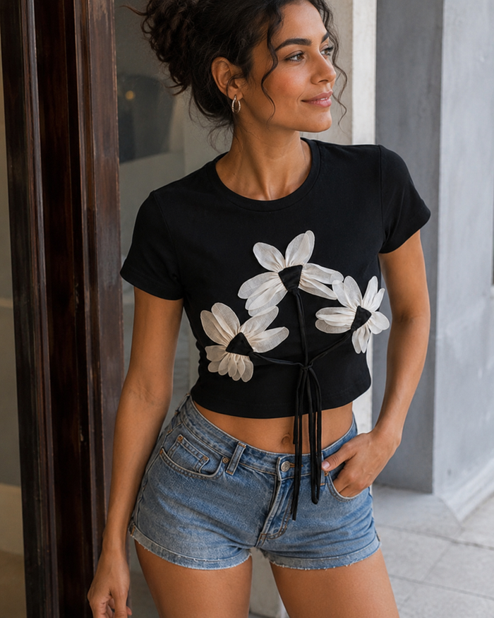 SHEIN Black 3D Floral Crop Top - SHEIN Fast Delivery in 5 Days