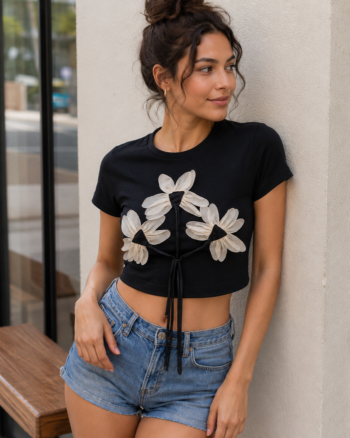 SHEIN Black 3D Floral Crop Top - SHEIN Fast Delivery in 5 Days