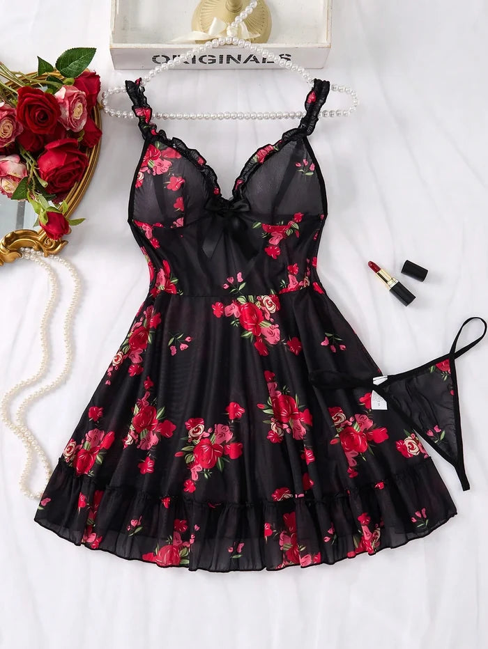 SHEIN Black Floral Mesh Cami Nightdress Set - SHEIN Fast Delivery in 5 Days