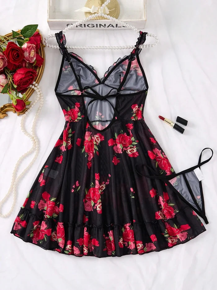SHEIN Black Floral Mesh Cami Nightdress Set - SHEIN Fast Delivery in 5 Days