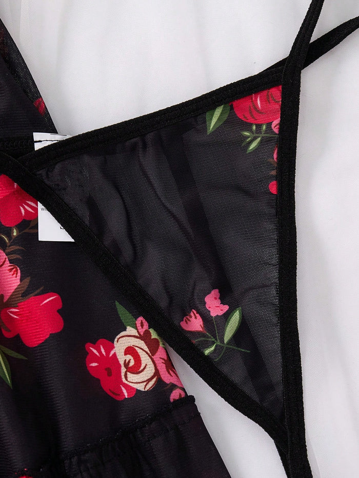 SHEIN Black Floral Mesh Cami Nightdress Set - SHEIN Fast Delivery in 5 Days