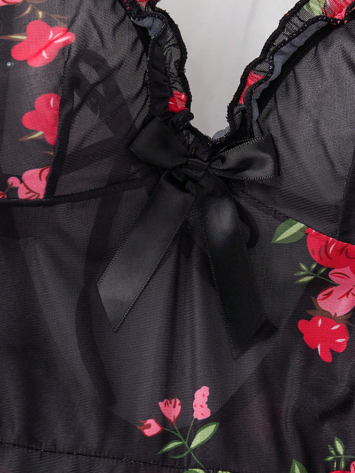 SHEIN Black Floral Mesh Cami Nightdress Set - SHEIN Fast Delivery in 5 Days
