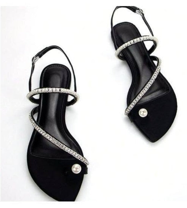 SHEIN Black Rhinestone Strap Pointed Flat Sandals - SHEIN Fast Delivery in 5 Days
