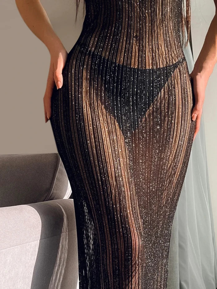 SHEIN Black Sheer Glitter Maxi Beach Cover Up Dress - SHEIN Fast Delivery in 5 Days