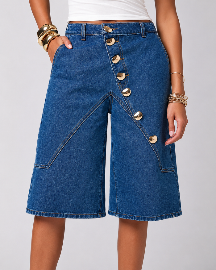 SHEIN Blue Denim Bermuda Shorts with Gold Button Detail - SHEIN Fast Delivery in 5 Days