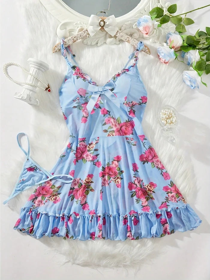 SHEIN Blue Floral Lace Trim Cami Nightdress Set - SHEIN Fast Delivery in 5 Days