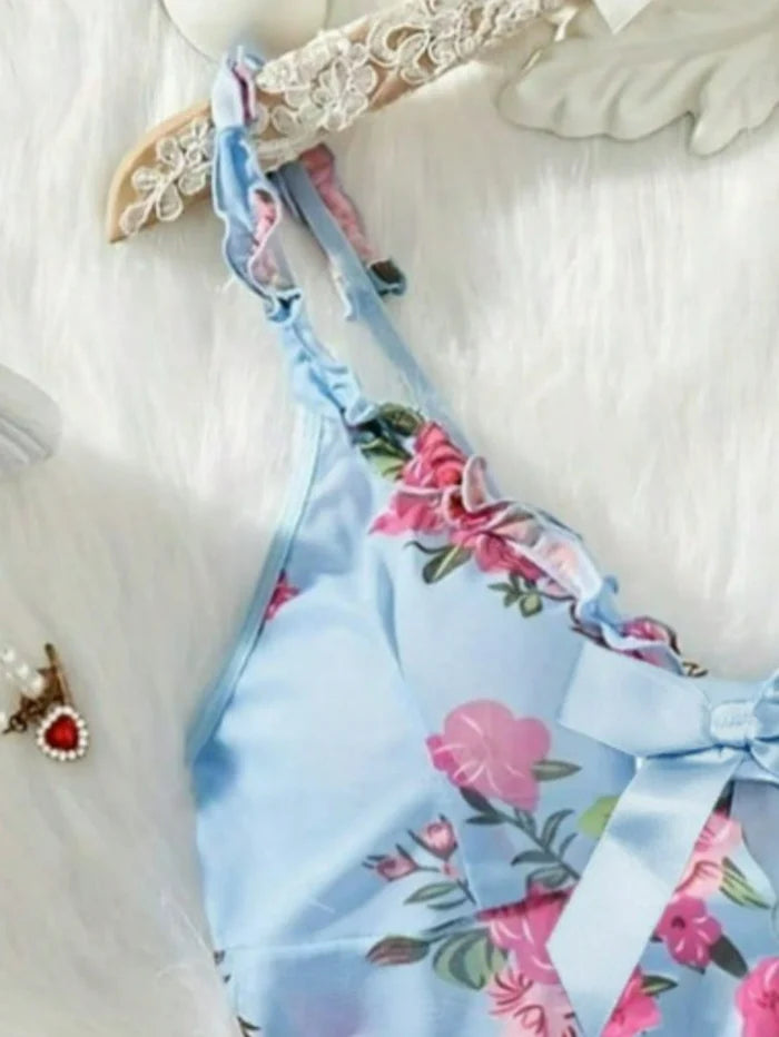 SHEIN Blue Floral Lace Trim Cami Nightdress Set - SHEIN Fast Delivery in 5 Days