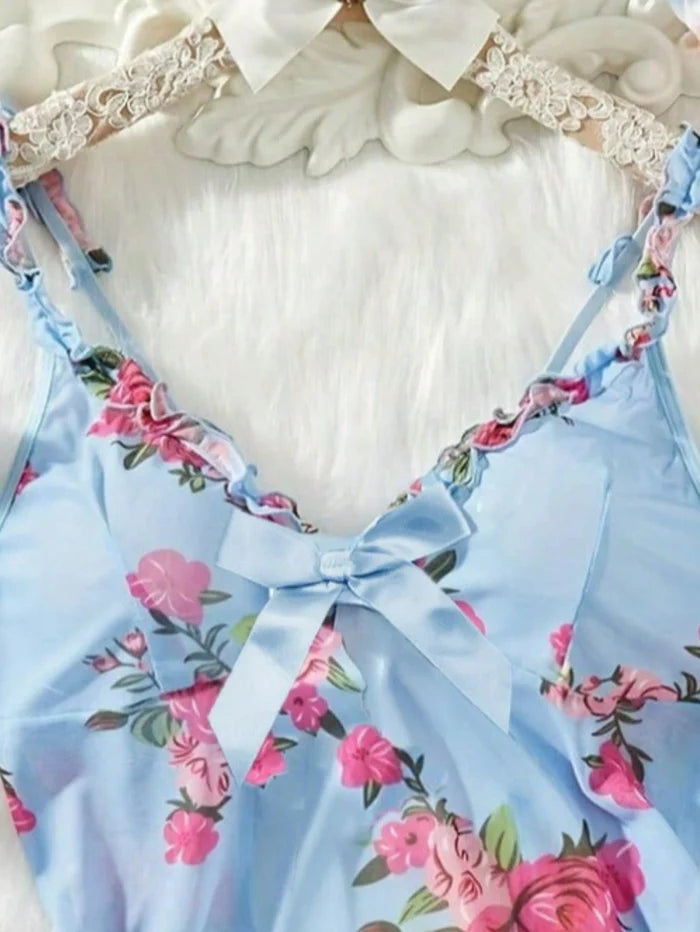 SHEIN Blue Floral Lace Trim Cami Nightdress Set - SHEIN Fast Delivery in 5 Days