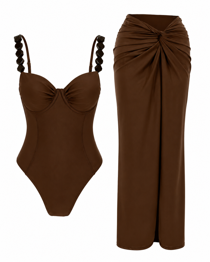 SHEIN Brown Beaded Strap Swimsuit & Matching Sarong Skirt Set - SHEIN Fast Delivery in 5 Days